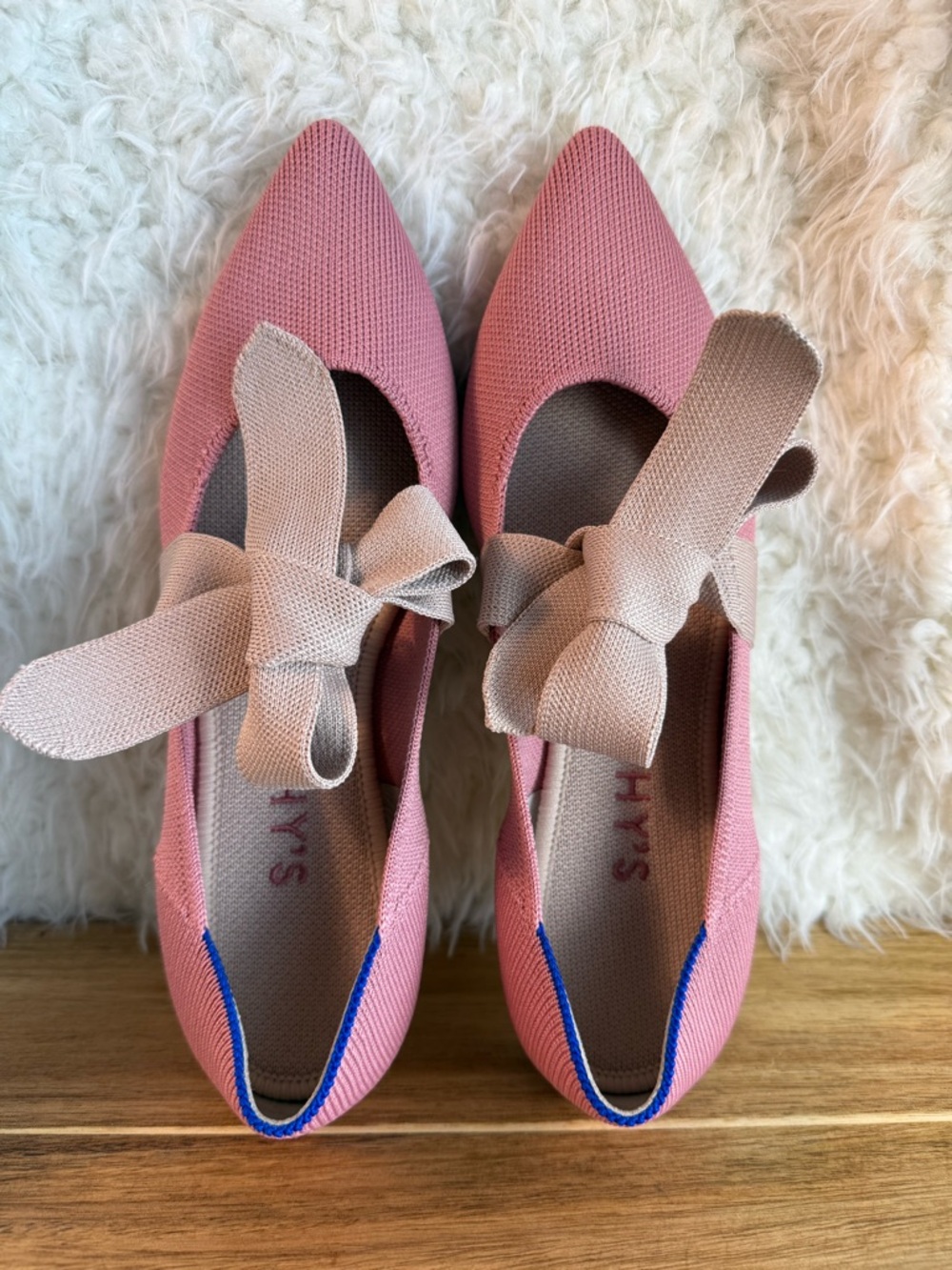 Rothy's Pink Pointed Ballet Flats with Beige Bow Accent